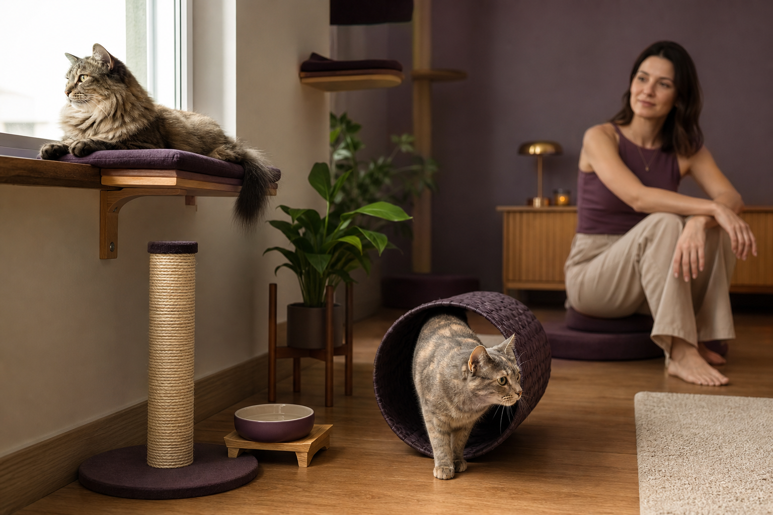 Dois gatos usando diferentes recursos em uma casa organizada para as necessidades felinas