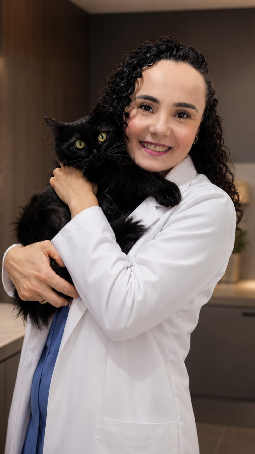 Cibelle Cunha, terapeuta felina, com um gato preto no colo