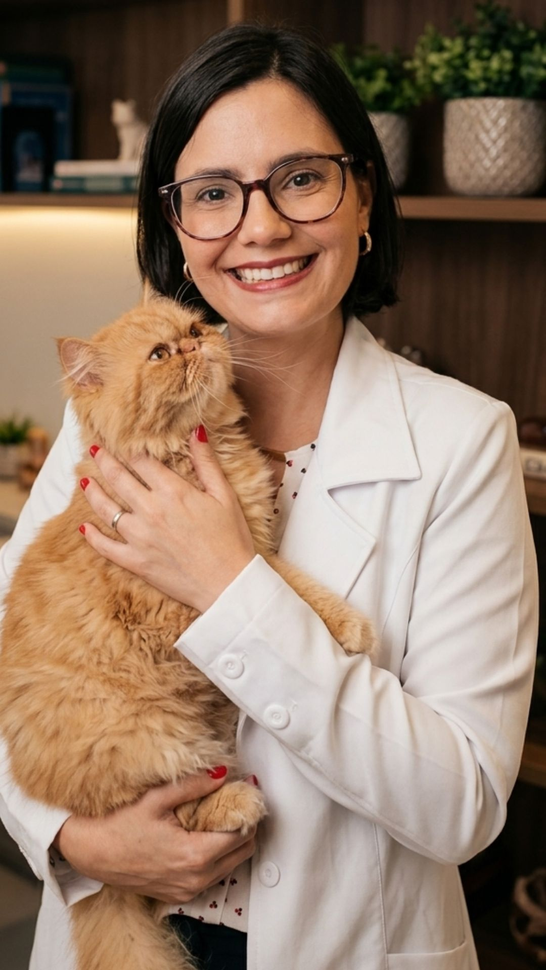 Larissa Gonçalves, terapeuta felina, com um gato no colo