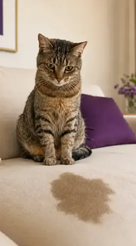 Gato ao lado de uma mancha de urina no sofá