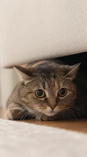 Gato assustado escondido embaixo de um móvel