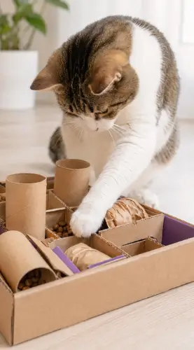 Gato brincando com enriquecimento alimentar feito de papelão