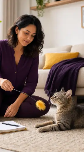 Terapeuta interagindo com um gato durante uma atividade