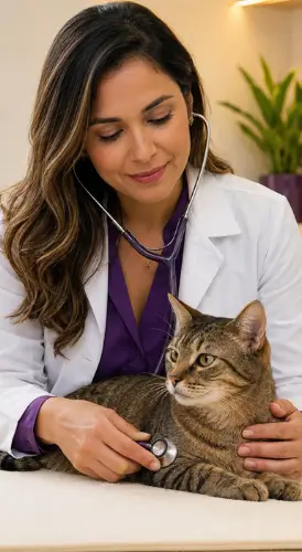 Veterinária examinando um gato com estetoscópio