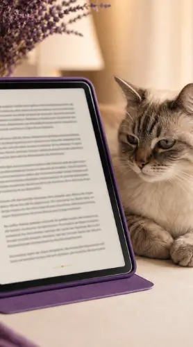 Gato ao lado de um tablet com um livro digital aberto