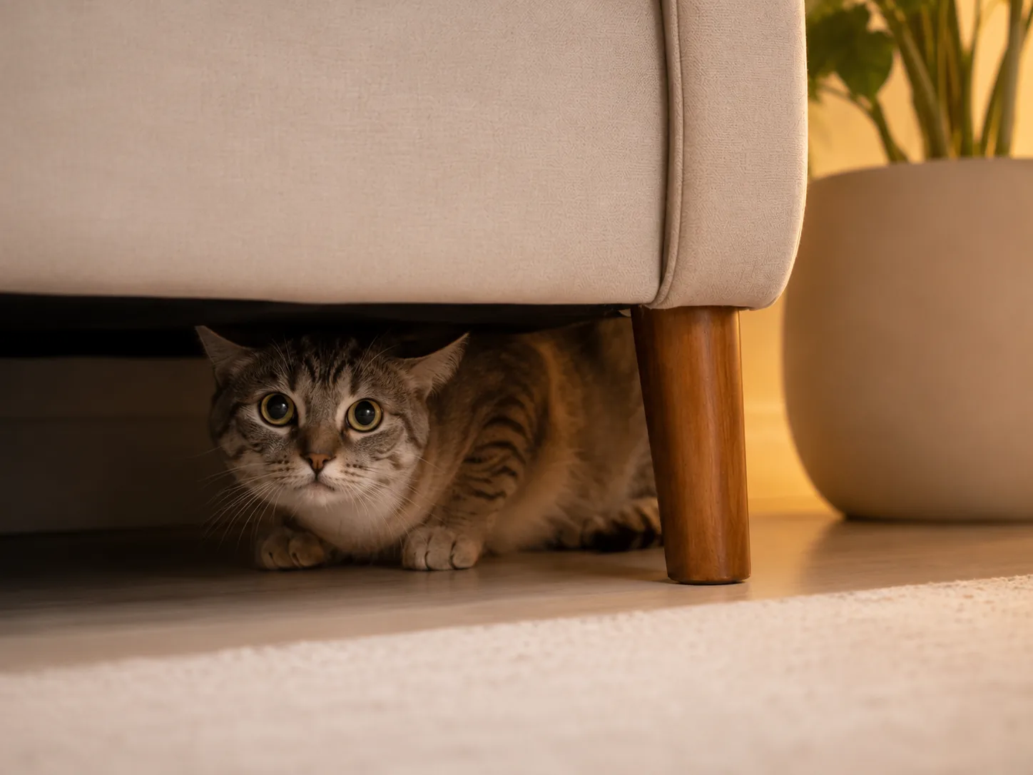 Gato escondido embaixo do sofá com olhar assustado