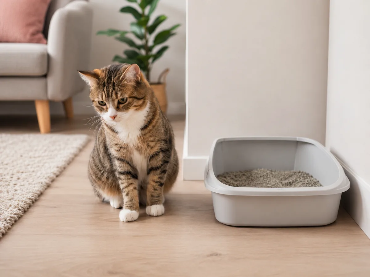 Gato sentado ao lado da caixa de areia sem usá-la
